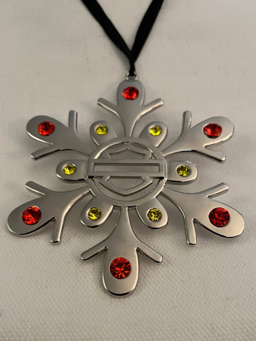 Harley-Davidson Silver Snowflake Ornament with Red and Yellow Gems